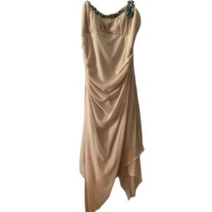 Glittery Sheer Strap Beige Party Dress with Stones Applications
